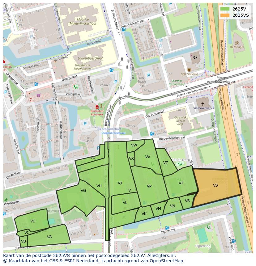 Afbeelding van het postcodegebied 2625 VS op de kaart.