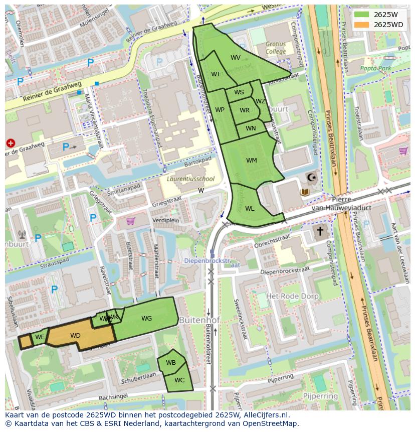 Afbeelding van het postcodegebied 2625 WD op de kaart.
