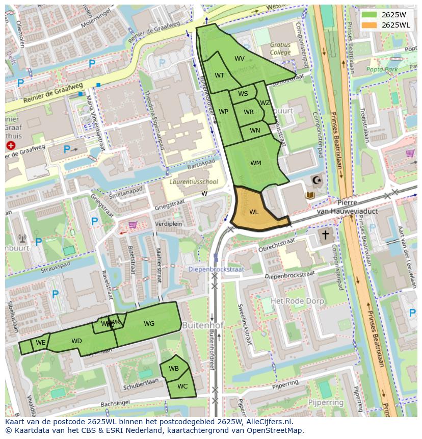 Afbeelding van het postcodegebied 2625 WL op de kaart.