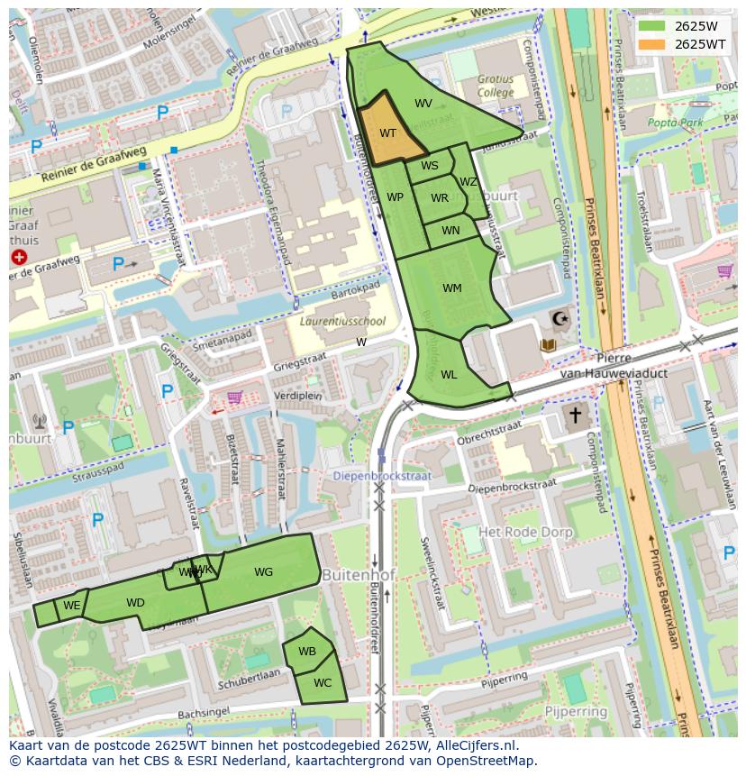 Afbeelding van het postcodegebied 2625 WT op de kaart.