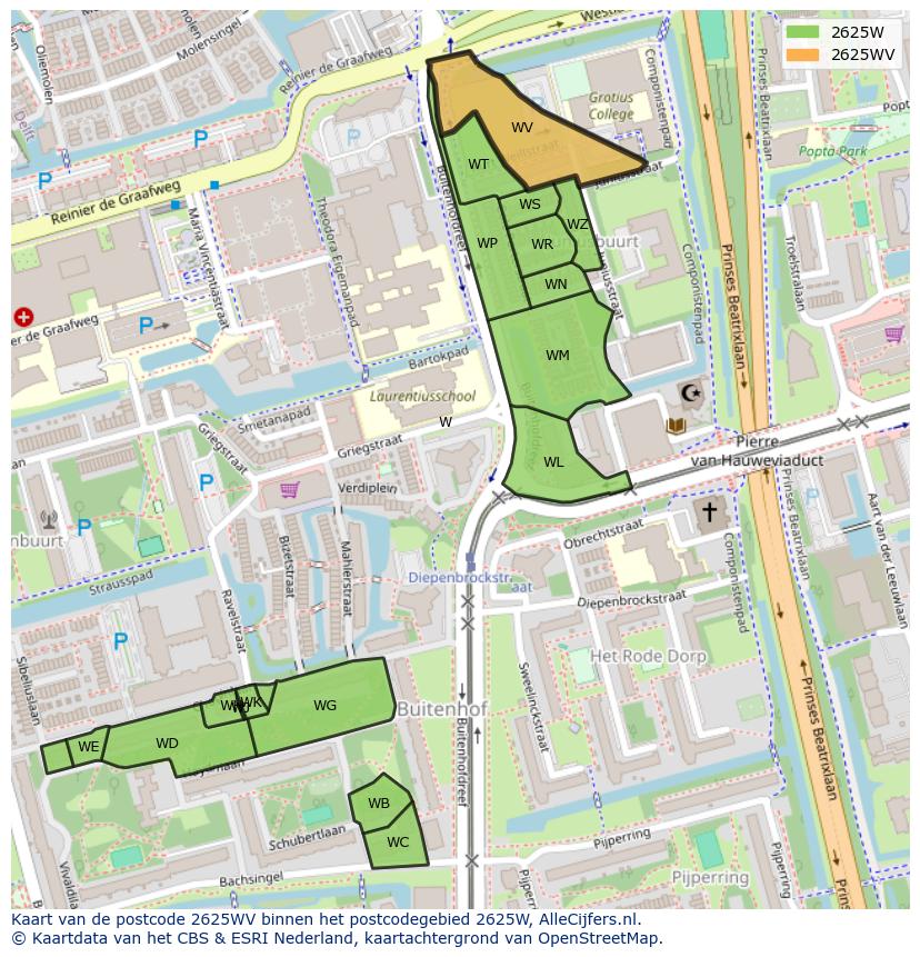 Afbeelding van het postcodegebied 2625 WV op de kaart.