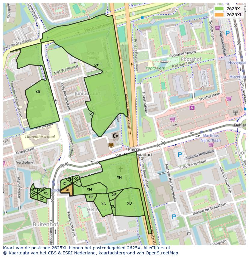 Afbeelding van het postcodegebied 2625 XL op de kaart.