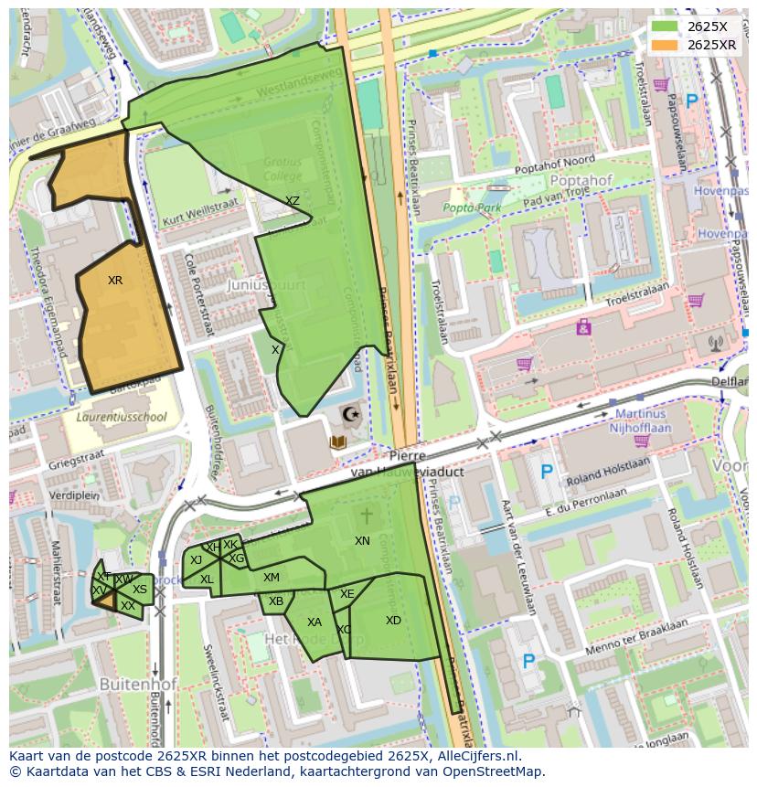 Afbeelding van het postcodegebied 2625 XR op de kaart.