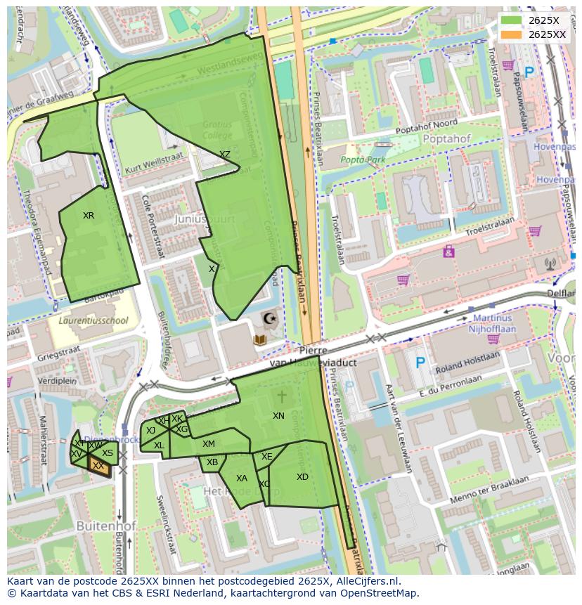 Afbeelding van het postcodegebied 2625 XX op de kaart.
