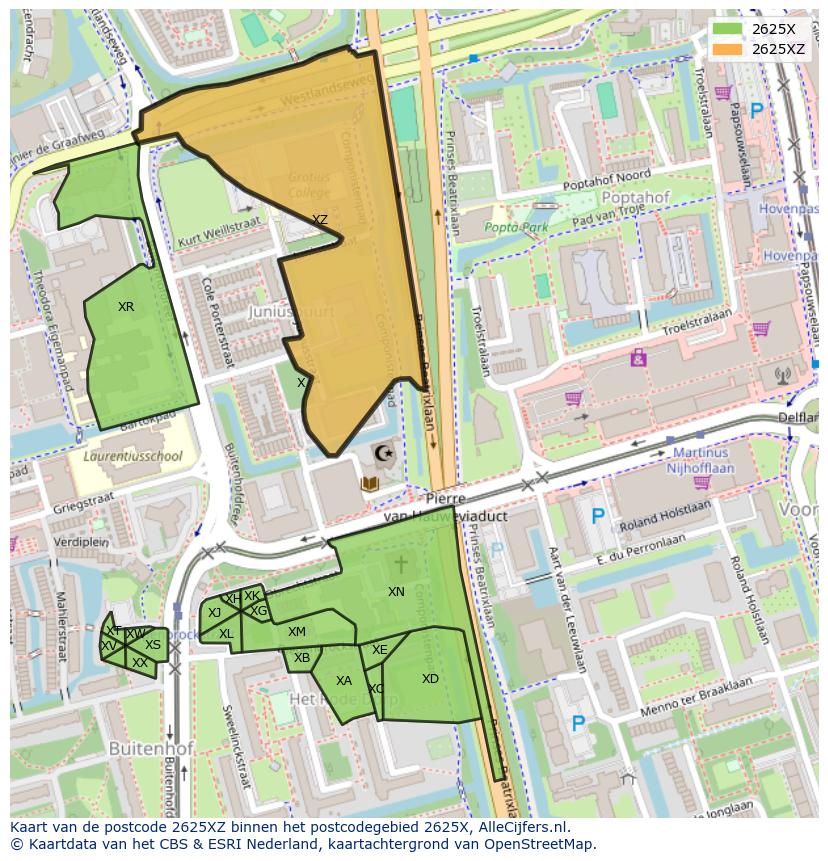 Afbeelding van het postcodegebied 2625 XZ op de kaart.