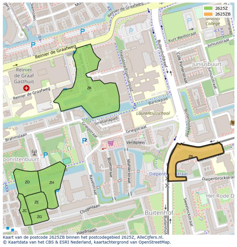 Afbeelding van het postcodegebied 2625 ZB op de kaart.