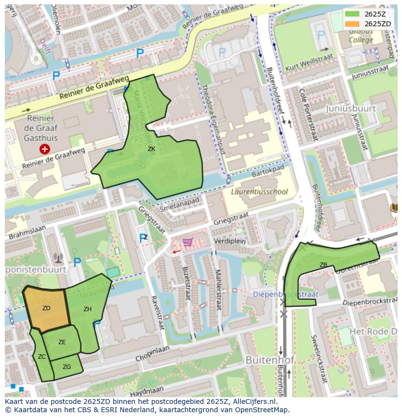 Afbeelding van het postcodegebied 2625 ZD op de kaart.
