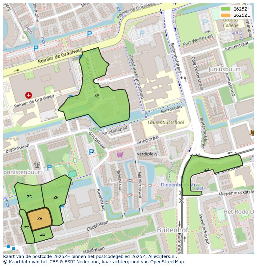 Afbeelding van het postcodegebied 2625 ZE op de kaart.