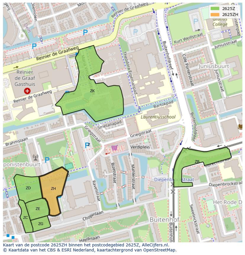 Afbeelding van het postcodegebied 2625 ZH op de kaart.