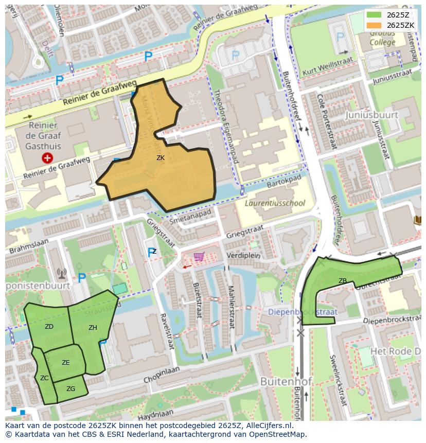 Afbeelding van het postcodegebied 2625 ZK op de kaart.