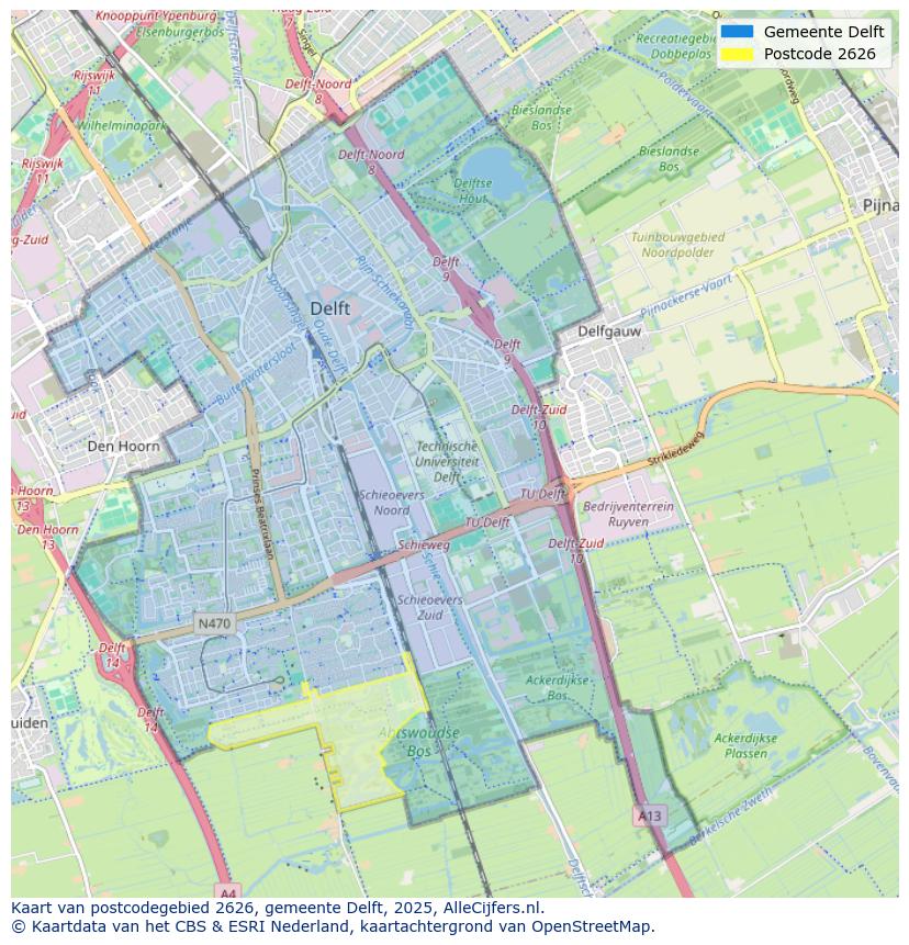 Afbeelding van het postcodegebied 2626 op de kaart.