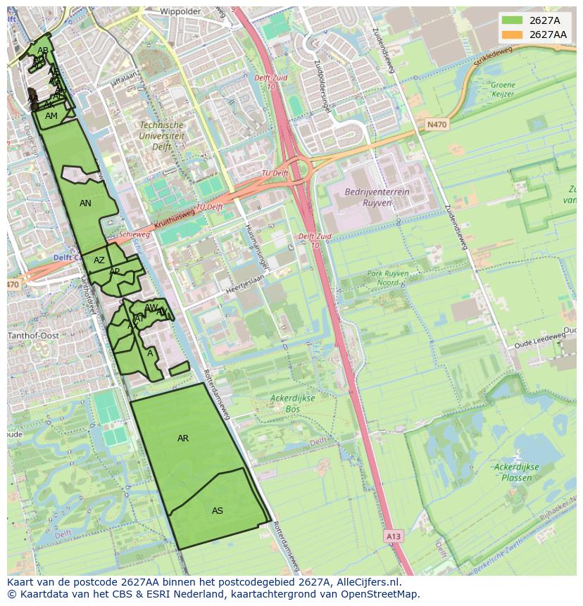Afbeelding van het postcodegebied 2627 AA op de kaart.