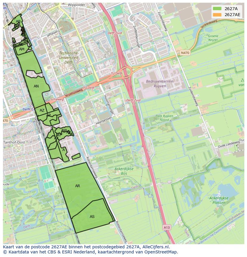 Afbeelding van het postcodegebied 2627 AE op de kaart.