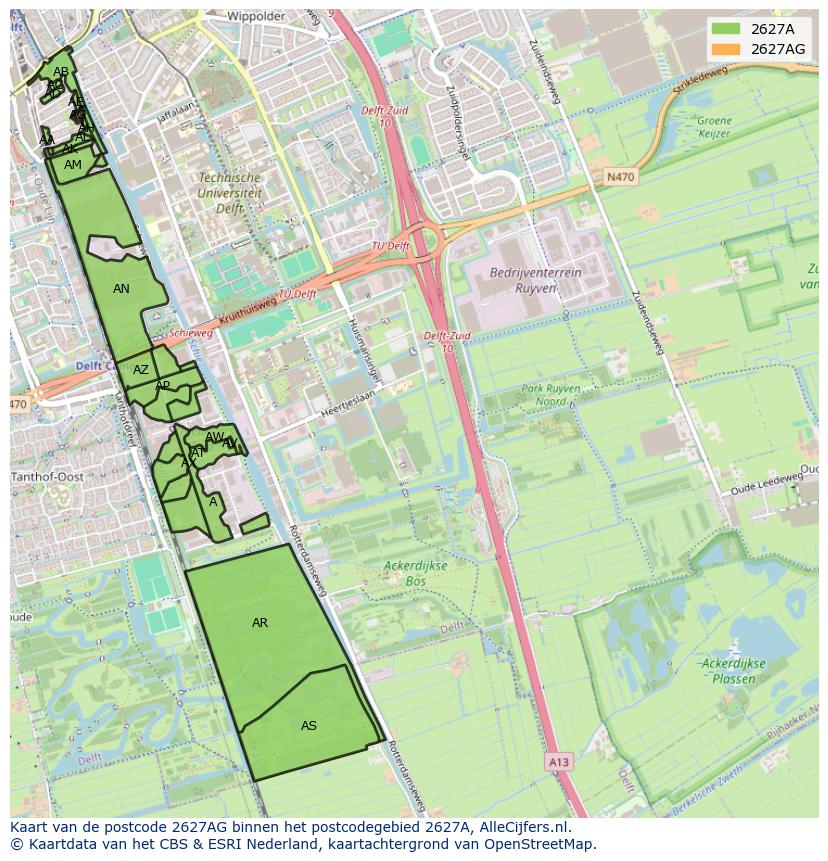 Afbeelding van het postcodegebied 2627 AG op de kaart.