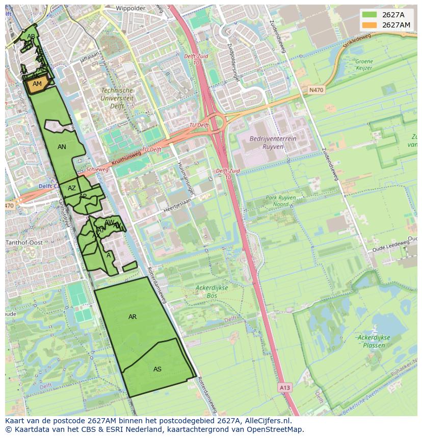 Afbeelding van het postcodegebied 2627 AM op de kaart.