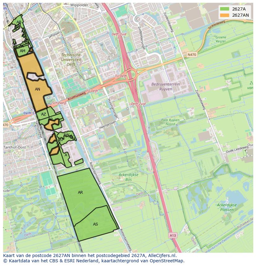 Afbeelding van het postcodegebied 2627 AN op de kaart.