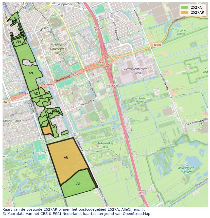 Afbeelding van het postcodegebied 2627 AR op de kaart.