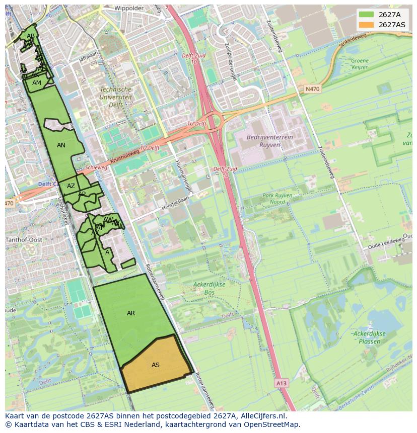 Afbeelding van het postcodegebied 2627 AS op de kaart.