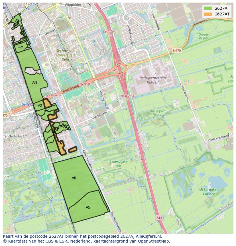 Afbeelding van het postcodegebied 2627 AT op de kaart.