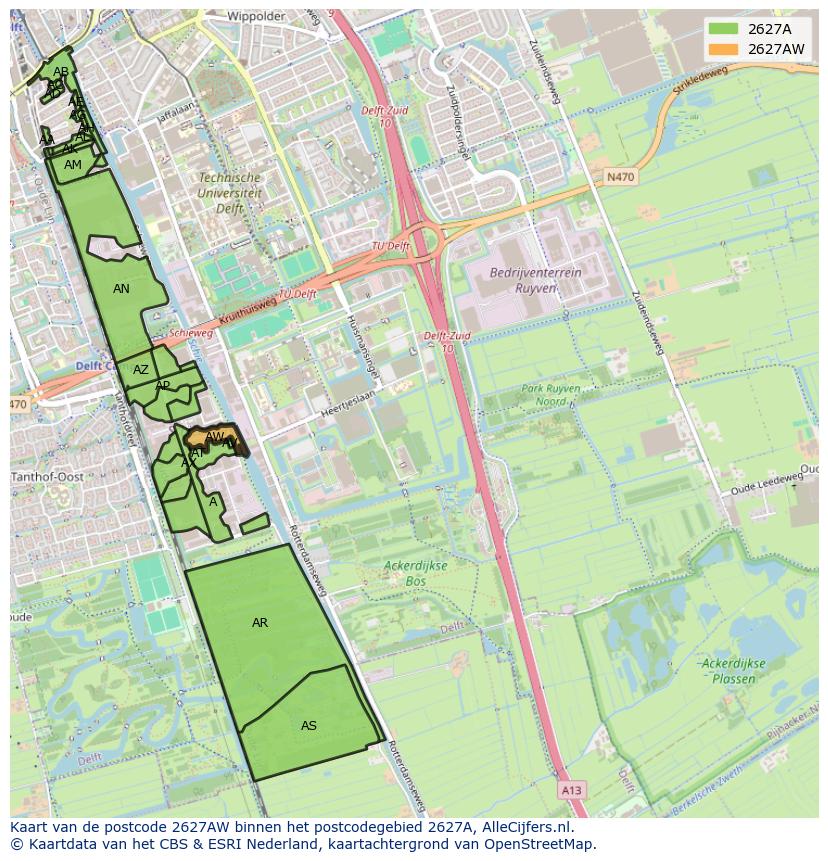 Afbeelding van het postcodegebied 2627 AW op de kaart.