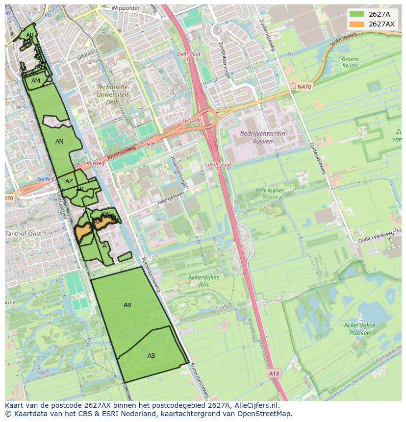 Afbeelding van het postcodegebied 2627 AX op de kaart.