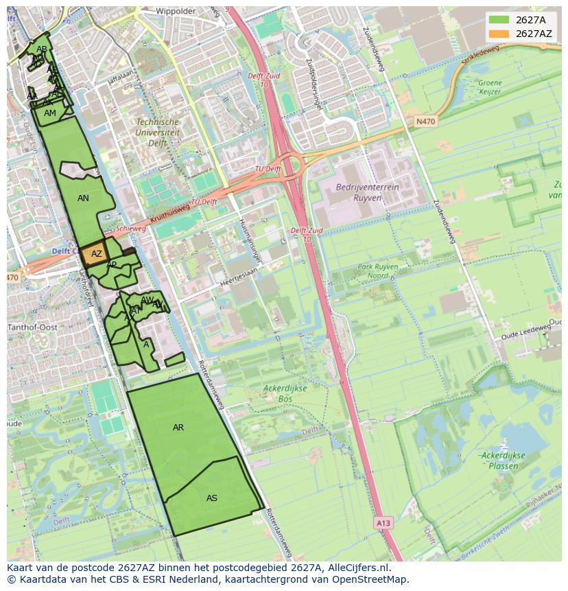 Afbeelding van het postcodegebied 2627 AZ op de kaart.