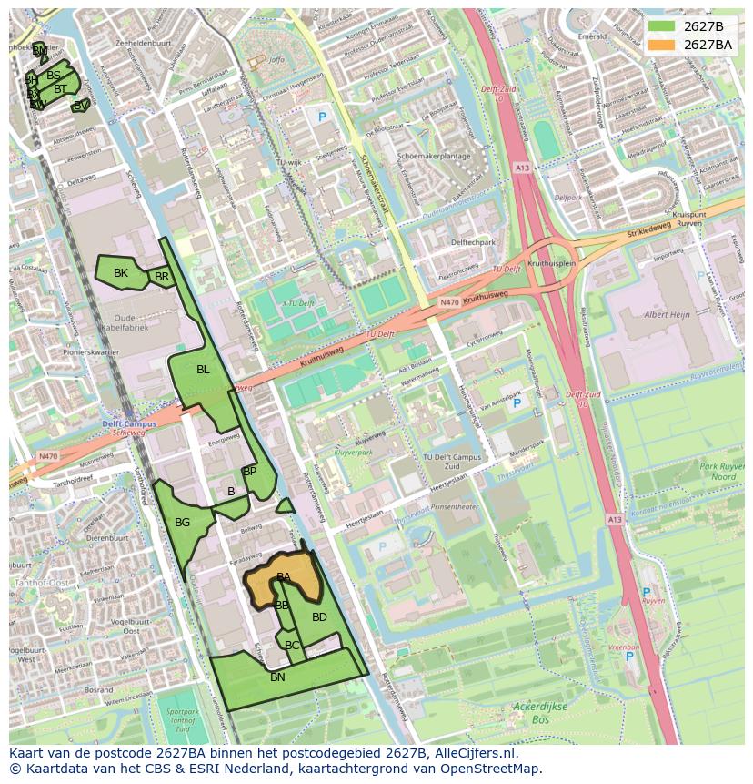 Afbeelding van het postcodegebied 2627 BA op de kaart.