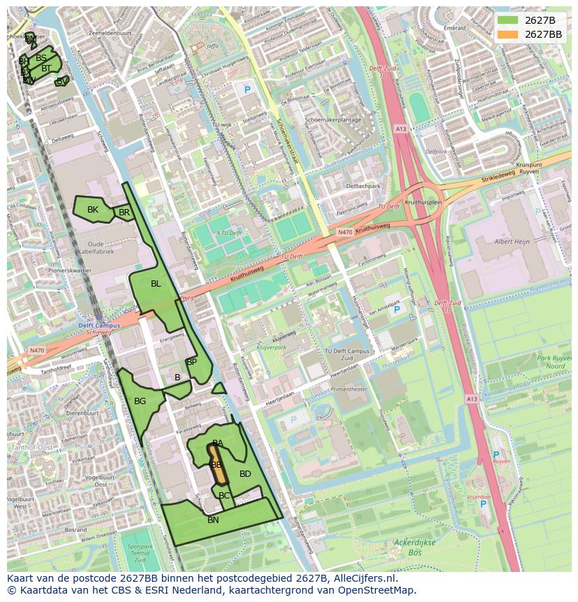 Afbeelding van het postcodegebied 2627 BB op de kaart.