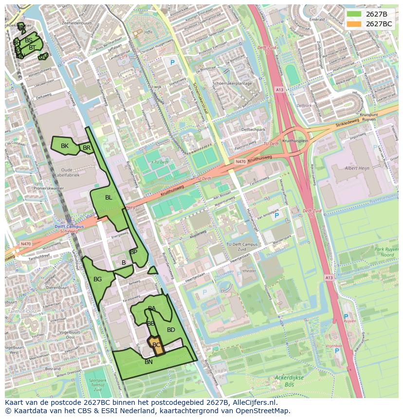 Afbeelding van het postcodegebied 2627 BC op de kaart.