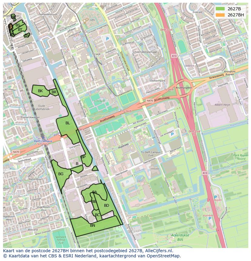 Afbeelding van het postcodegebied 2627 BH op de kaart.