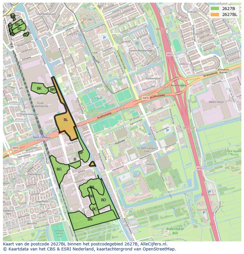 Afbeelding van het postcodegebied 2627 BL op de kaart.