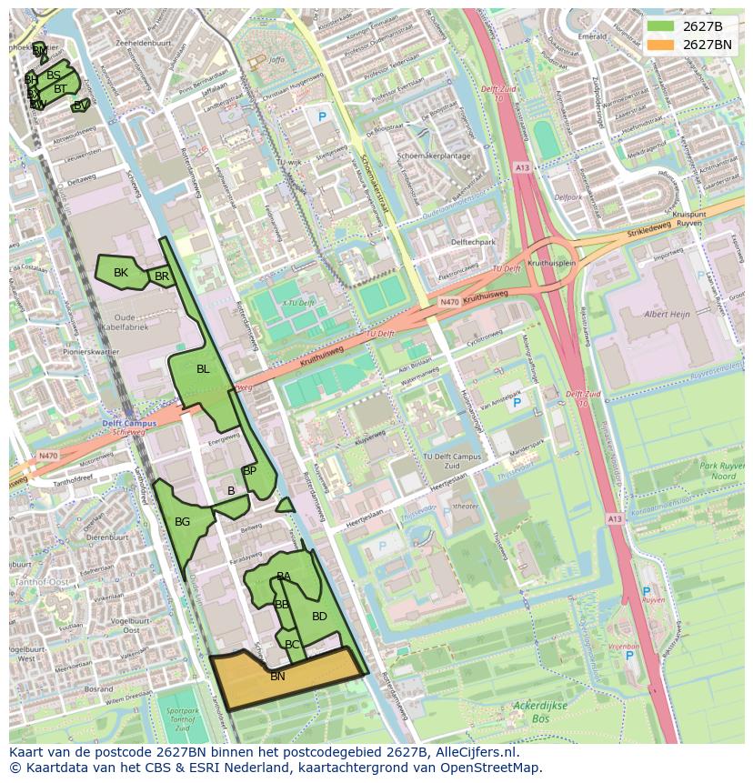 Afbeelding van het postcodegebied 2627 BN op de kaart.