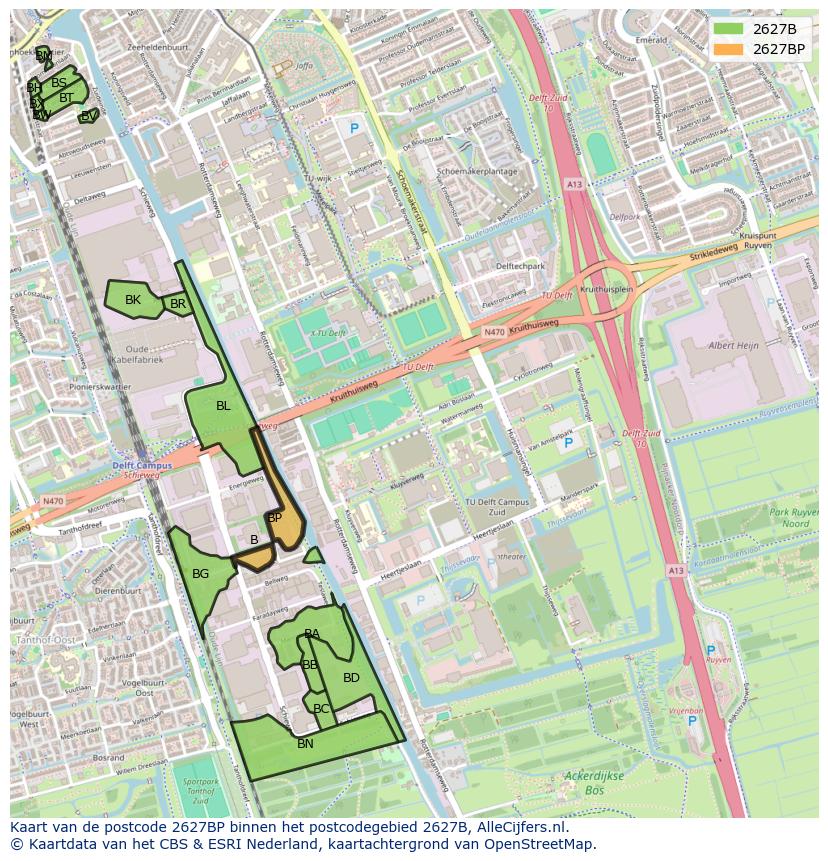 Afbeelding van het postcodegebied 2627 BP op de kaart.
