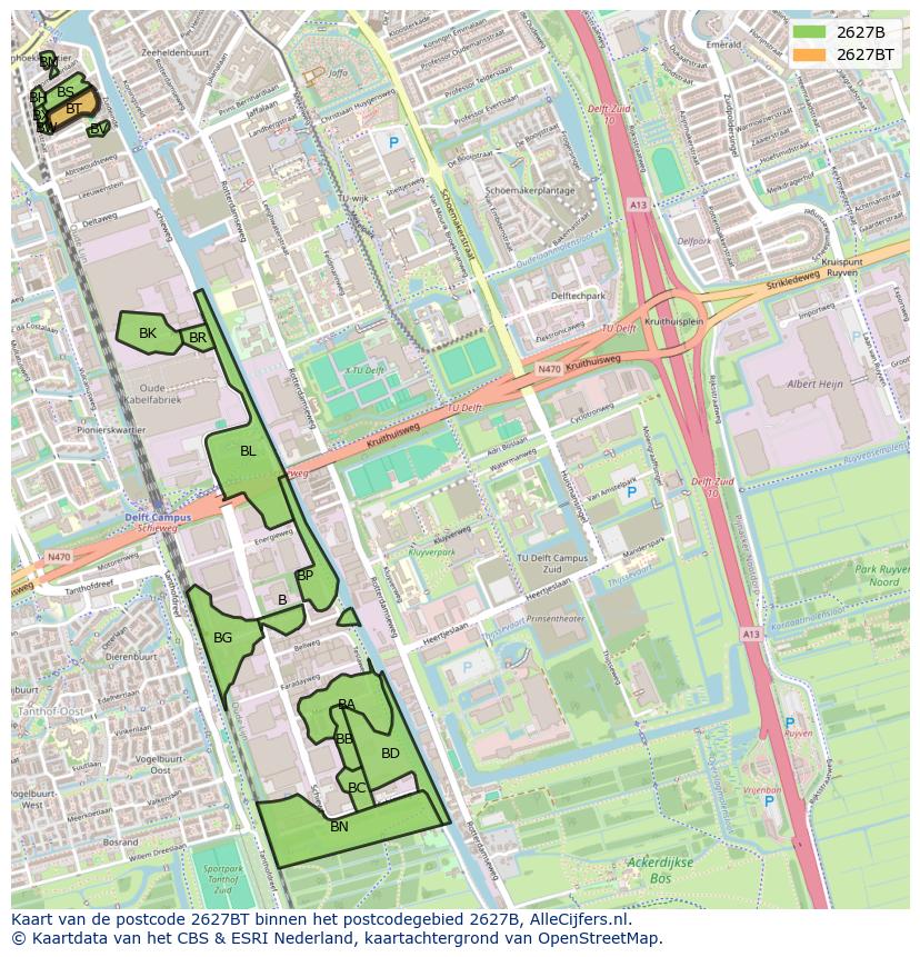 Afbeelding van het postcodegebied 2627 BT op de kaart.