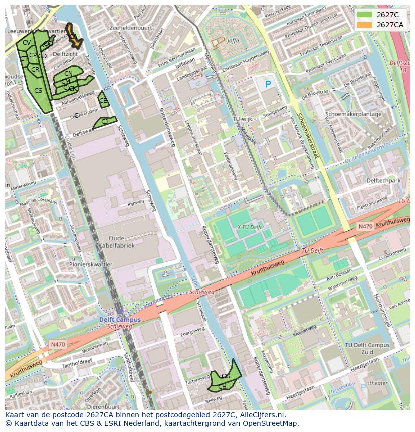 Afbeelding van het postcodegebied 2627 CA op de kaart.