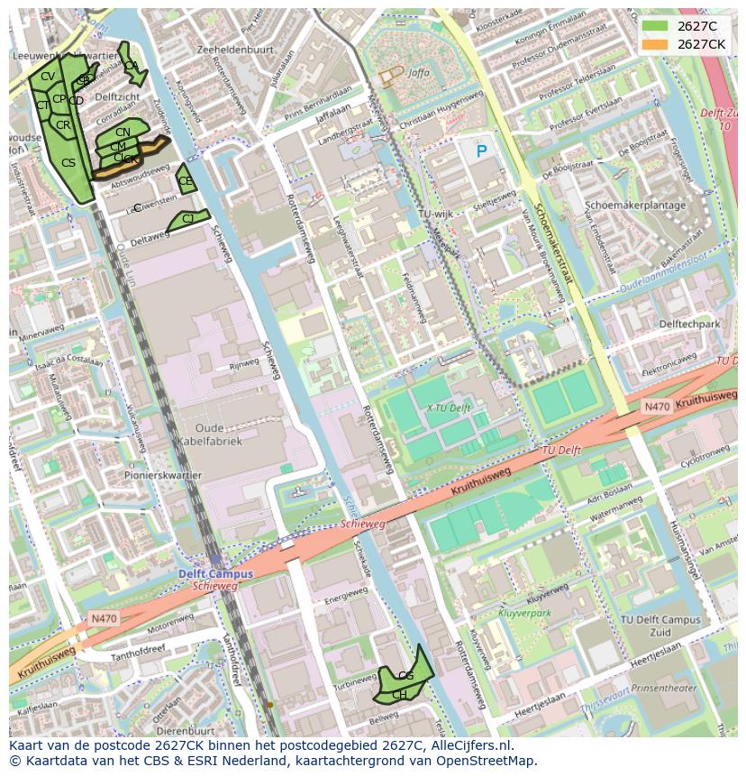 Afbeelding van het postcodegebied 2627 CK op de kaart.