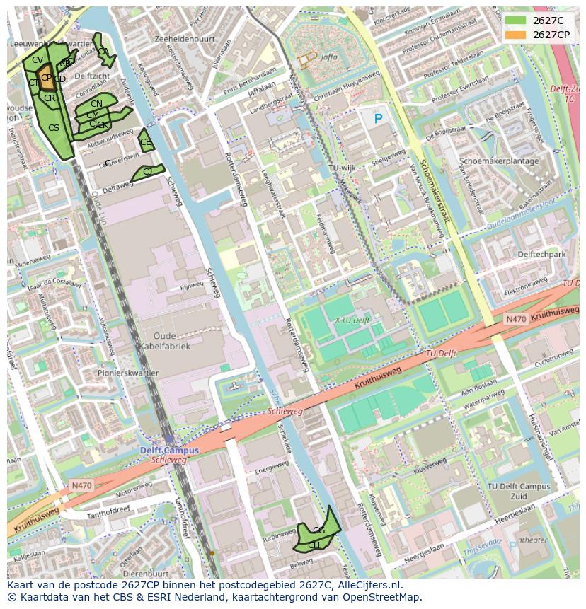 Afbeelding van het postcodegebied 2627 CP op de kaart.