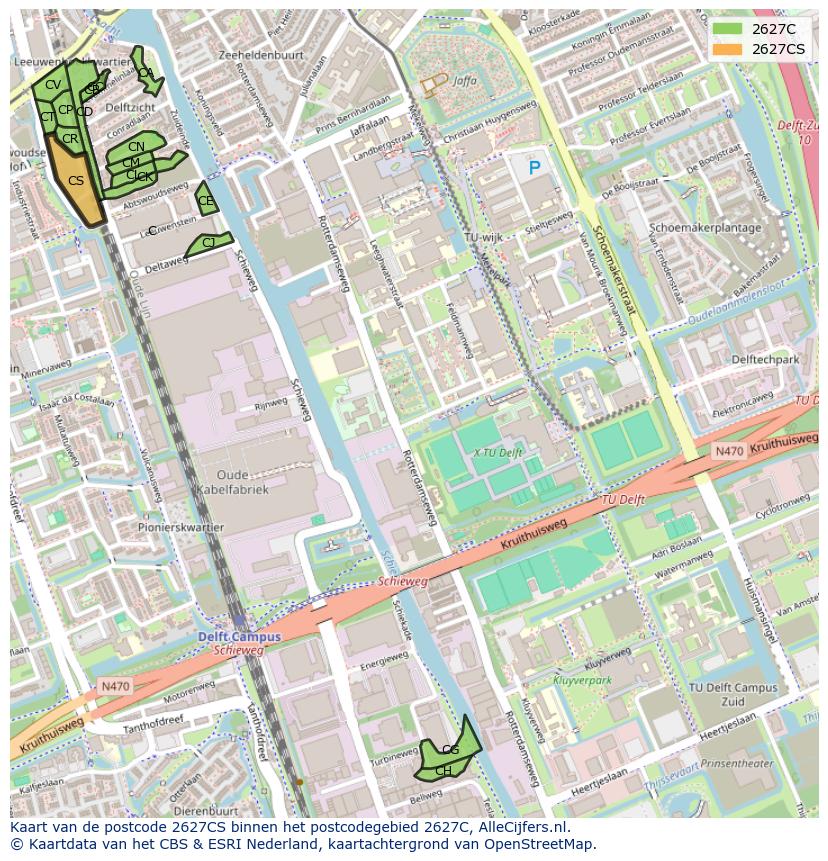 Afbeelding van het postcodegebied 2627 CS op de kaart.