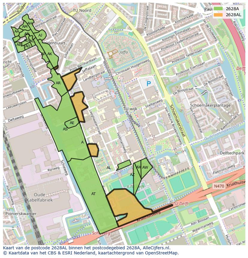 Afbeelding van het postcodegebied 2628 AL op de kaart.