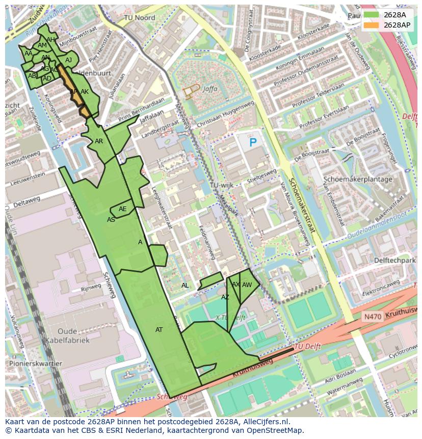 Afbeelding van het postcodegebied 2628 AP op de kaart.