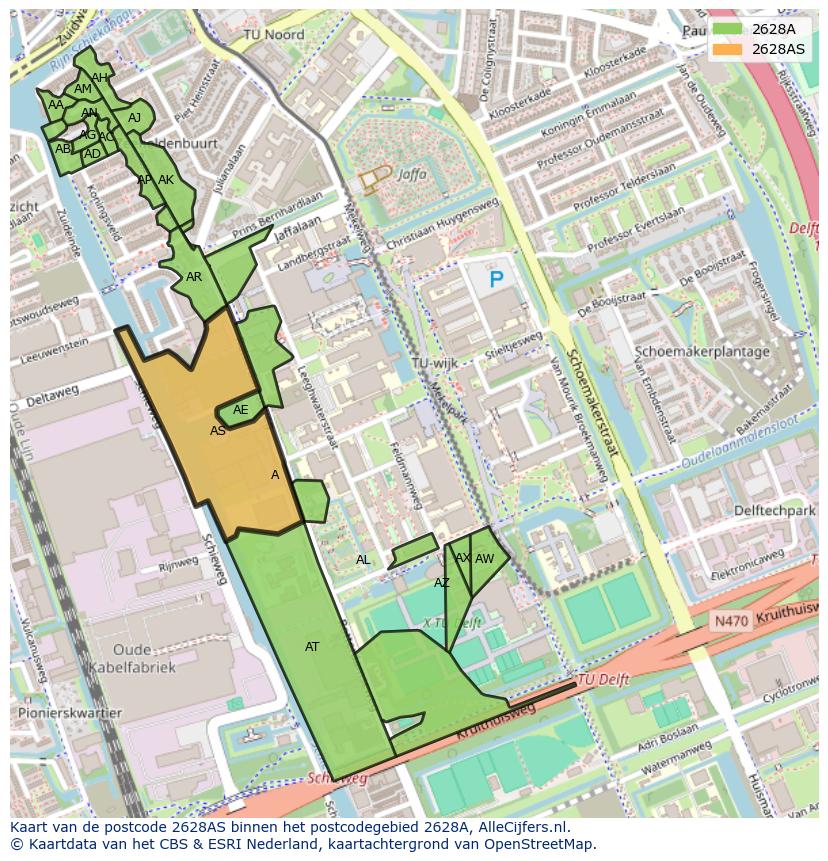 Afbeelding van het postcodegebied 2628 AS op de kaart.