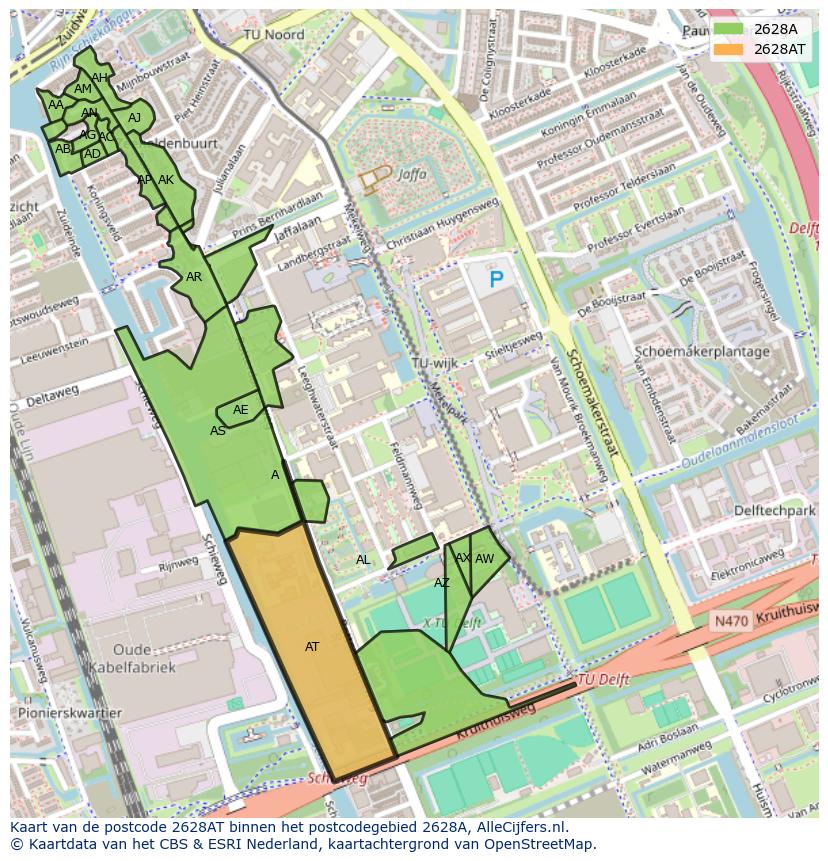 Afbeelding van het postcodegebied 2628 AT op de kaart.