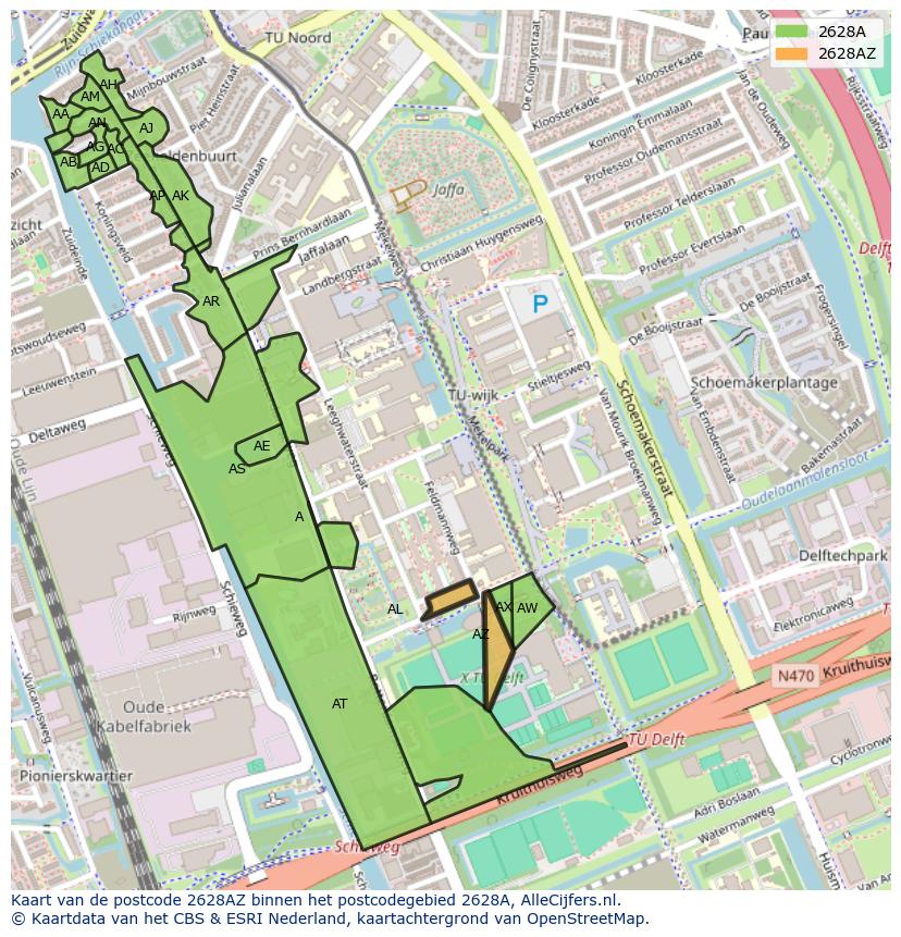 Afbeelding van het postcodegebied 2628 AZ op de kaart.