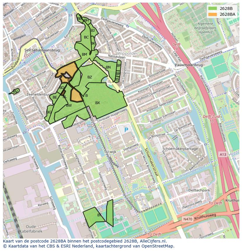 Afbeelding van het postcodegebied 2628 BA op de kaart.