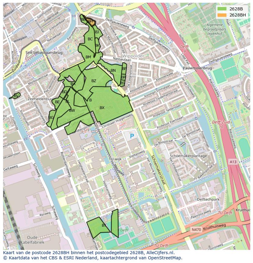 Afbeelding van het postcodegebied 2628 BH op de kaart.