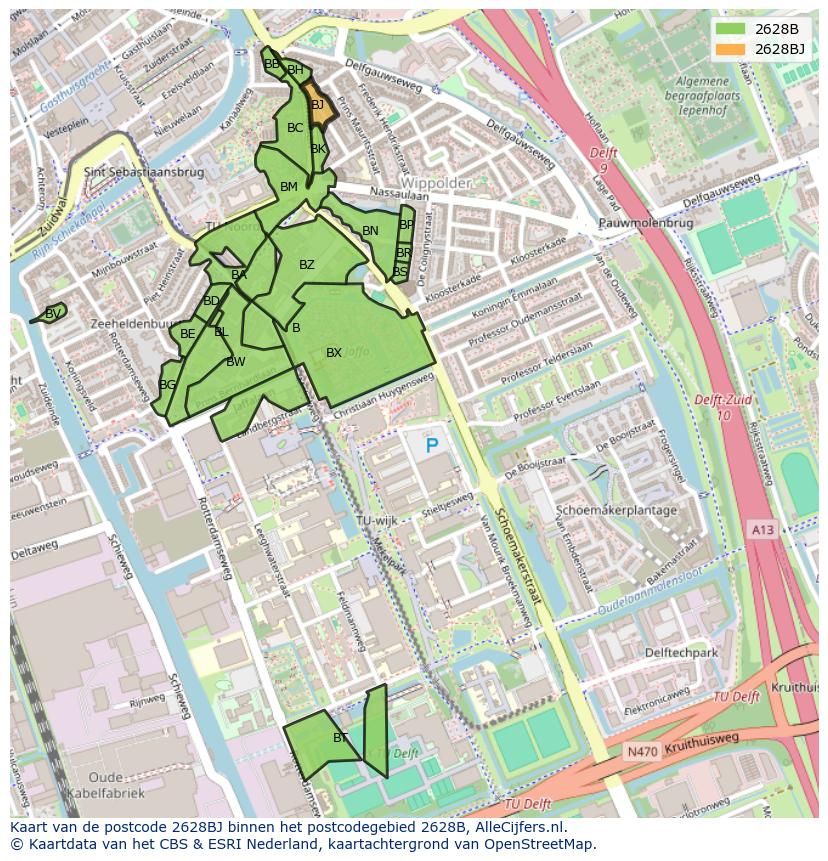 Afbeelding van het postcodegebied 2628 BJ op de kaart.