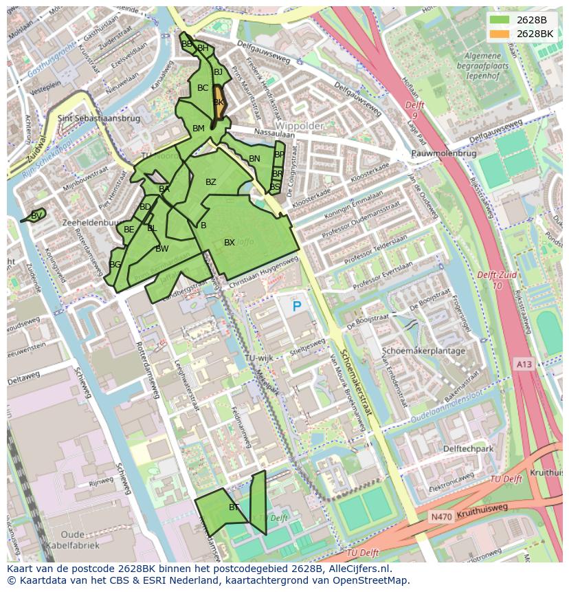 Afbeelding van het postcodegebied 2628 BK op de kaart.