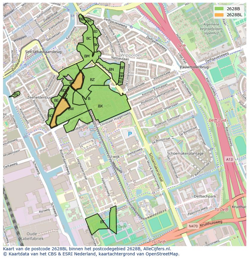 Afbeelding van het postcodegebied 2628 BL op de kaart.