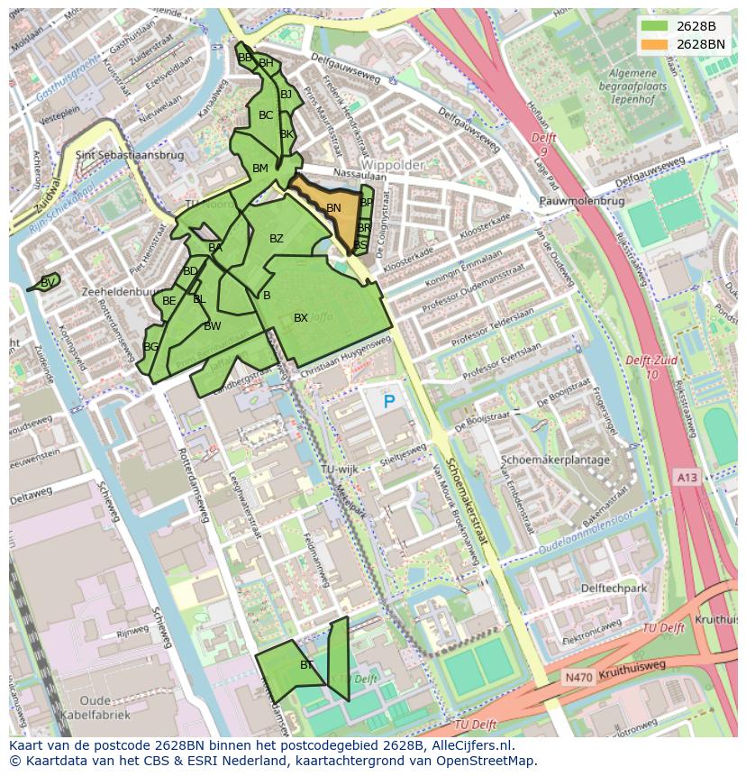Afbeelding van het postcodegebied 2628 BN op de kaart.
