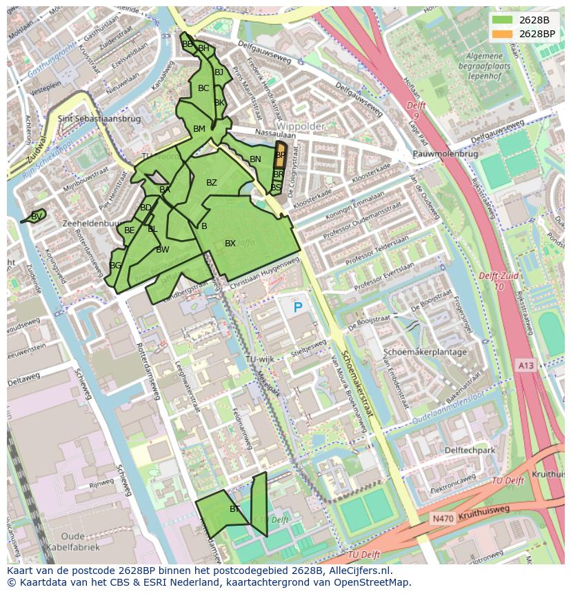 Afbeelding van het postcodegebied 2628 BP op de kaart.